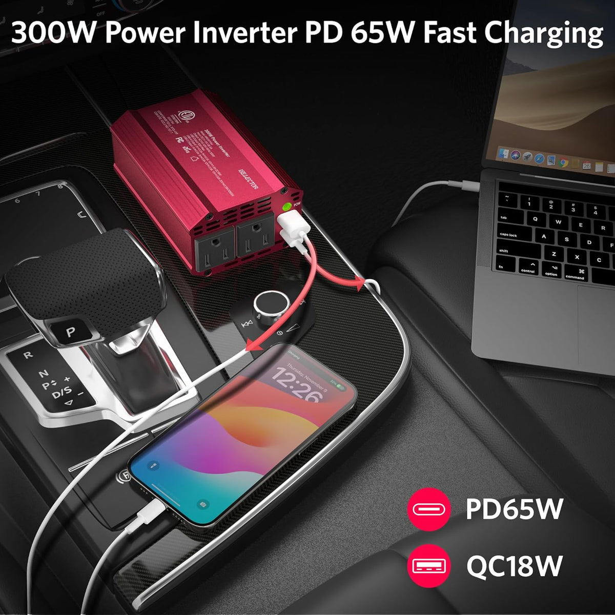 300W Car Power Inverter, USB-C PD65W QC 18W Converter Car Charger, DC 12V to 110V for Vehicles, Power Adapter for Car Charging