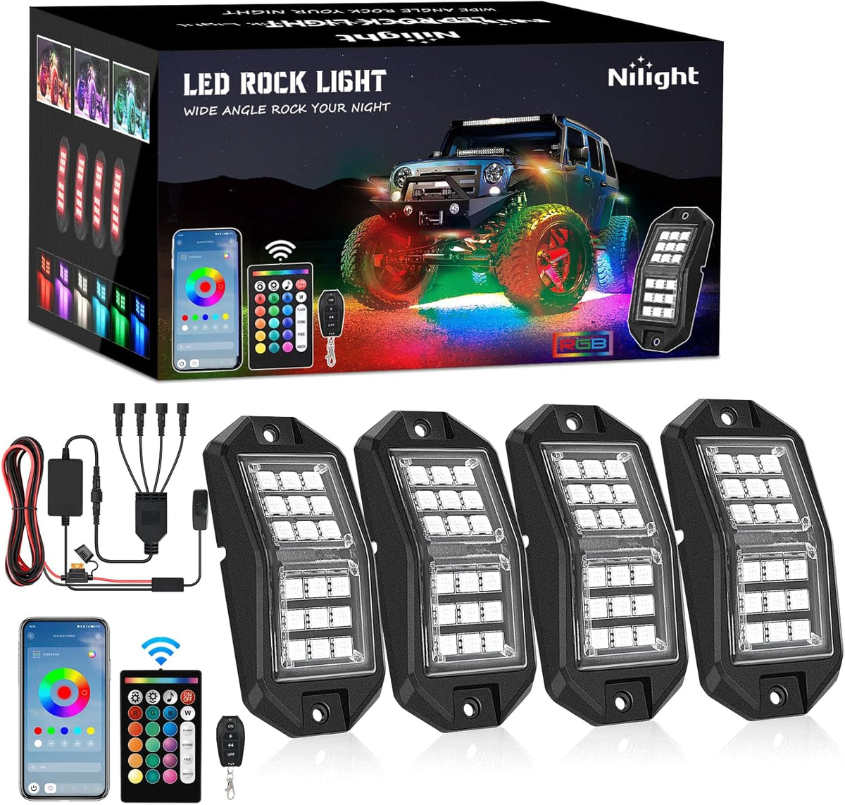 Nilight RGB LED Rock Lights Kit 4 PCS 18LED Wide Angle Wheel Well Light with Remote & Bluetooth App Dual Control Multi Modes Underglow Multicolor Neon Pod for ATV UTV SUV Offroad Truck RZR Boat