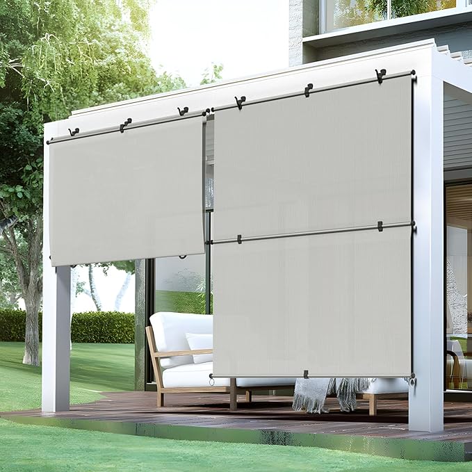 Bynbbur 5'W x 12'H Outdoor Patio Shades Foldable Roller Blinds, 220 GSM Sun Shade Roll Up Porch Screens Exterior Shade Cloth for Deck Pergola Backyard, Light Gray