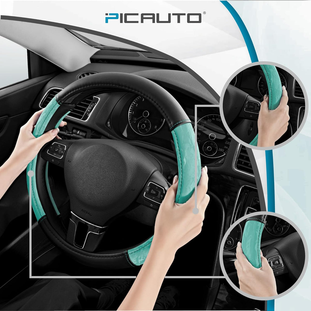 PIC AUTO Steering Wheel Cover, Silk Grain Leather Car Steering Wheel Protector, Comfortable Grip, Universal 14.5-15.5 Inch Anti-Slip Steering Wheels Accessories for Men & Women (Mint)