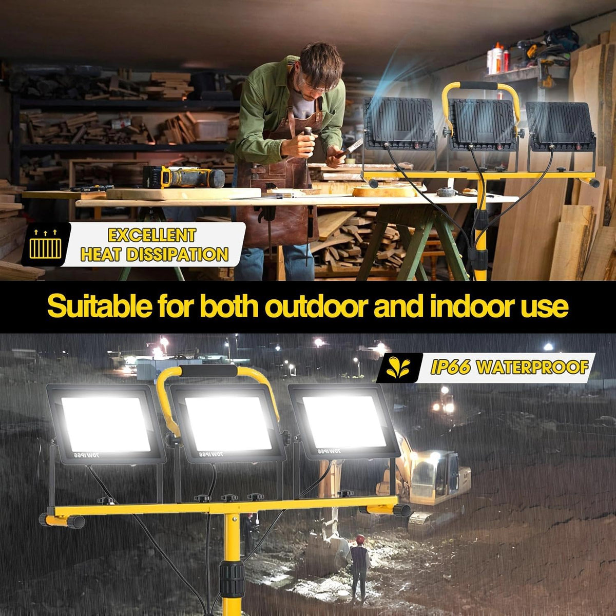 21000 lumens LED work light, IP66 waterproof portable work light, with tripod, 16.4-foot (about 5 meters) wire; Suitable for outdoor and indoor workshop, garage, and construction site lighting
