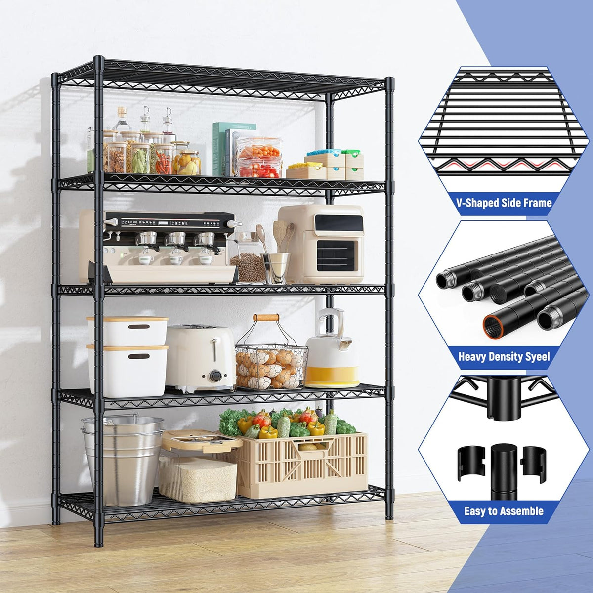 5 Tier Storage Shelves 71"H Wire Shelving Adjustable Metal Shelving,1000LBS Pantry Shelves Sturdy Steel Wire Shelf for Kitchen Commercial Pantry Garage Warehouse ,71"H X35.5"W X13.8"D, Black