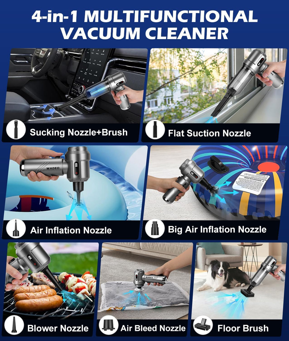 WADEO Car Vacuum Portable Cordless 18000PA, 4-in-1 Handheld Vacuum Cleaner and Air Duster with LED Display & Multi-Nozzles, Mini Hand Held Vacuum Rechargeable for Home, Car, Office, Pet Hair