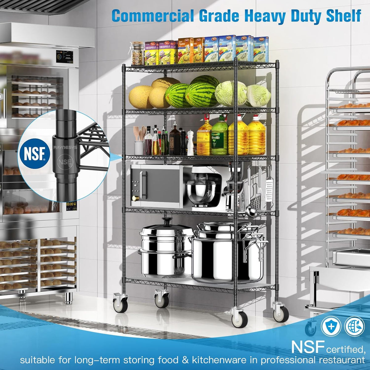 Wire Shelving with Wheels, 48x18x72 Inch, 3000 Lbs Storage Shelves Heavy Duty, Commercial-Grade Adjustable Utility Shelf, NSF-Certified Metal Storage Rack with Shelf Liners, 5-Tier, Matte Black
