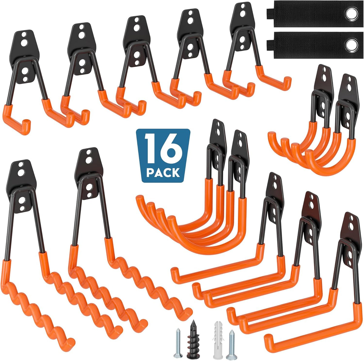 BONTEC 16 Pack Heavy Duty Garage Hooks, Steel Wall Mount for Garage Organization, Ladder & Bike Hooks, Garden Hose Holder, Tool Hangers, for Home, Workshop & Storage (Orange)