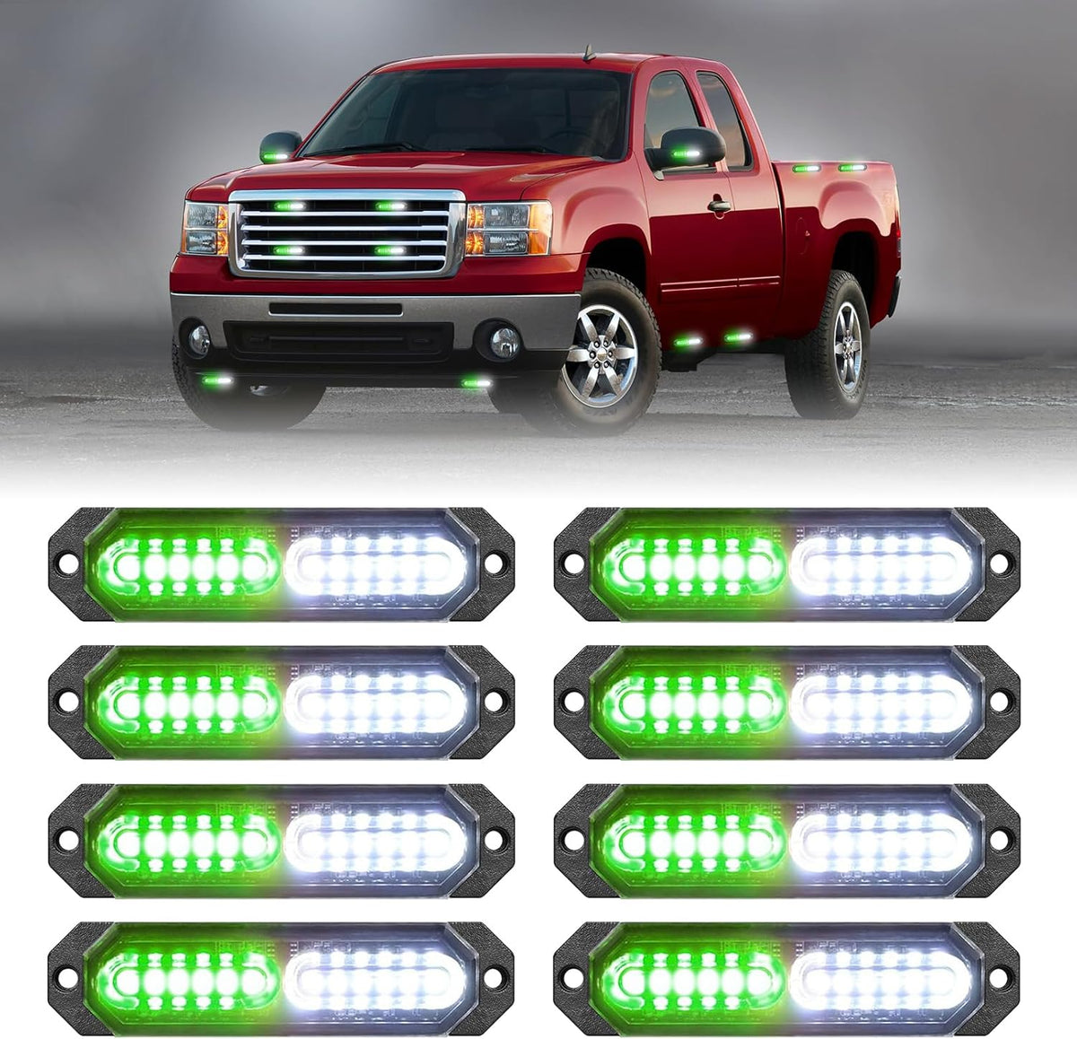 HLauto 1200T Emergency Strobe Grille Lights: 8pcs 12 LED Sync Feature Safety Warning Flashing Lights, Ultra Slim Surface Mount Hazard Caution Lights for Trucks, Vehicles, Car, ATV, UTV (Green White)