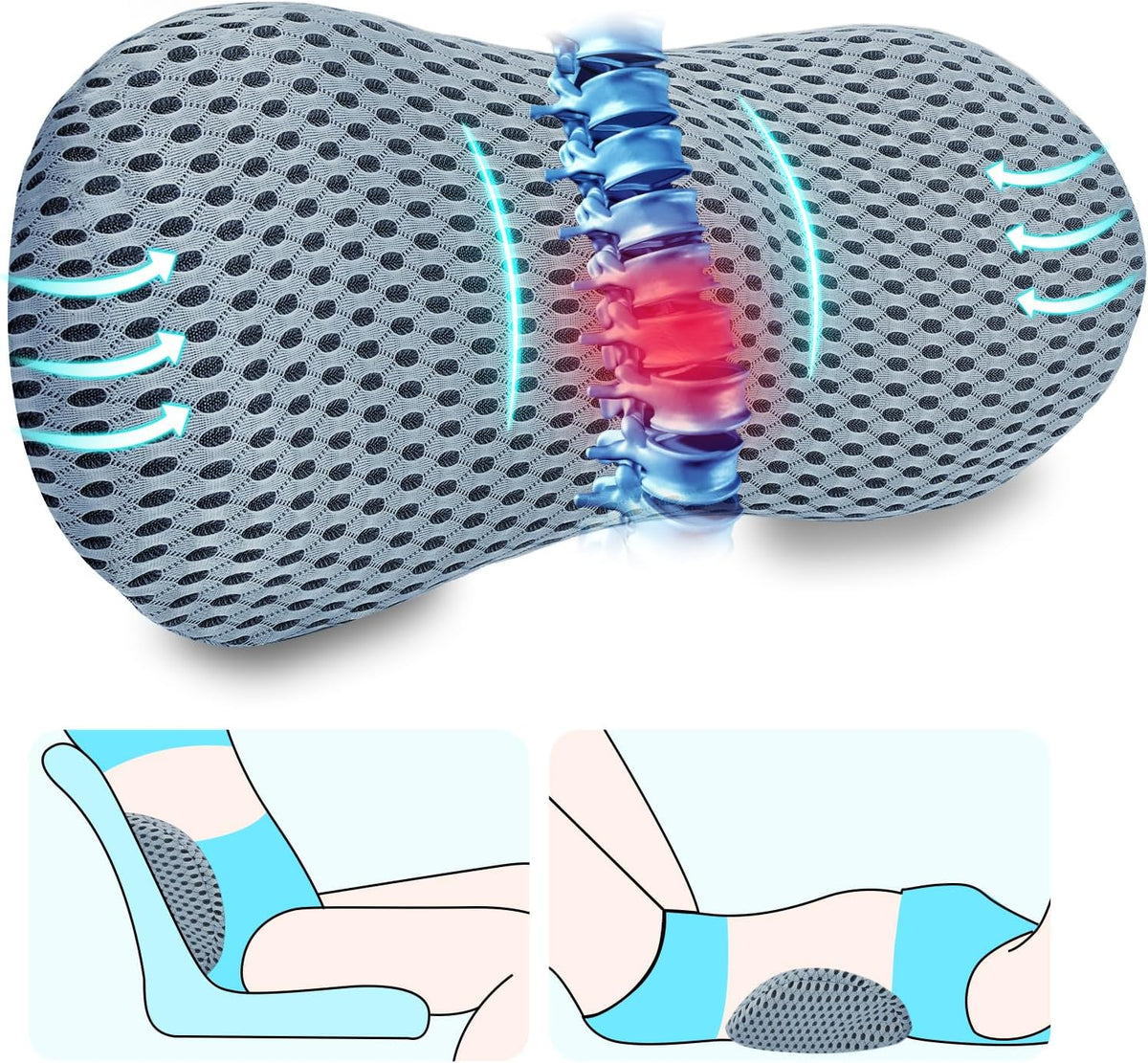 Lumbar Support Pillow, Memory Foam Back Support Pillow for Office Chair, Car Seat, Gaming Chair, Recliner and Bed, Neo Cushion for Low Back Pain Relief (Mesh, Gray)