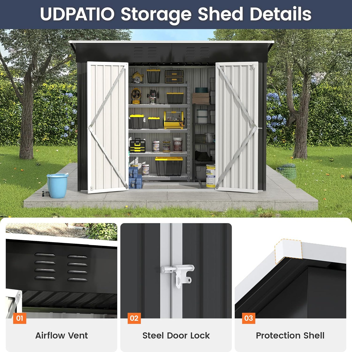 UDPATIO Outdoor Storage Shed 8x4 FT, Outside Sheds & Outdoor Storage Metal Galvanized Steel Yard, Patio, Lawn, Tool Shed with Lockable Door for Can, Bike, Lawnmower,Dark Grey