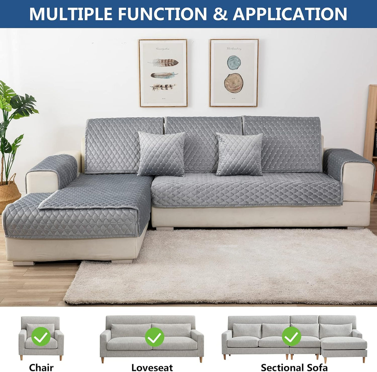 Eismodra Couch Cover,Sectional Couch Covers,Sofa Covers for 3 Cushion Couch,Anti-Slip Sofa Slipcovers for Dogs Cats Kids Loveseat Recliner L Shaped Armrest Backrest,Light Gray 36''x63''(Only 1 Piece)