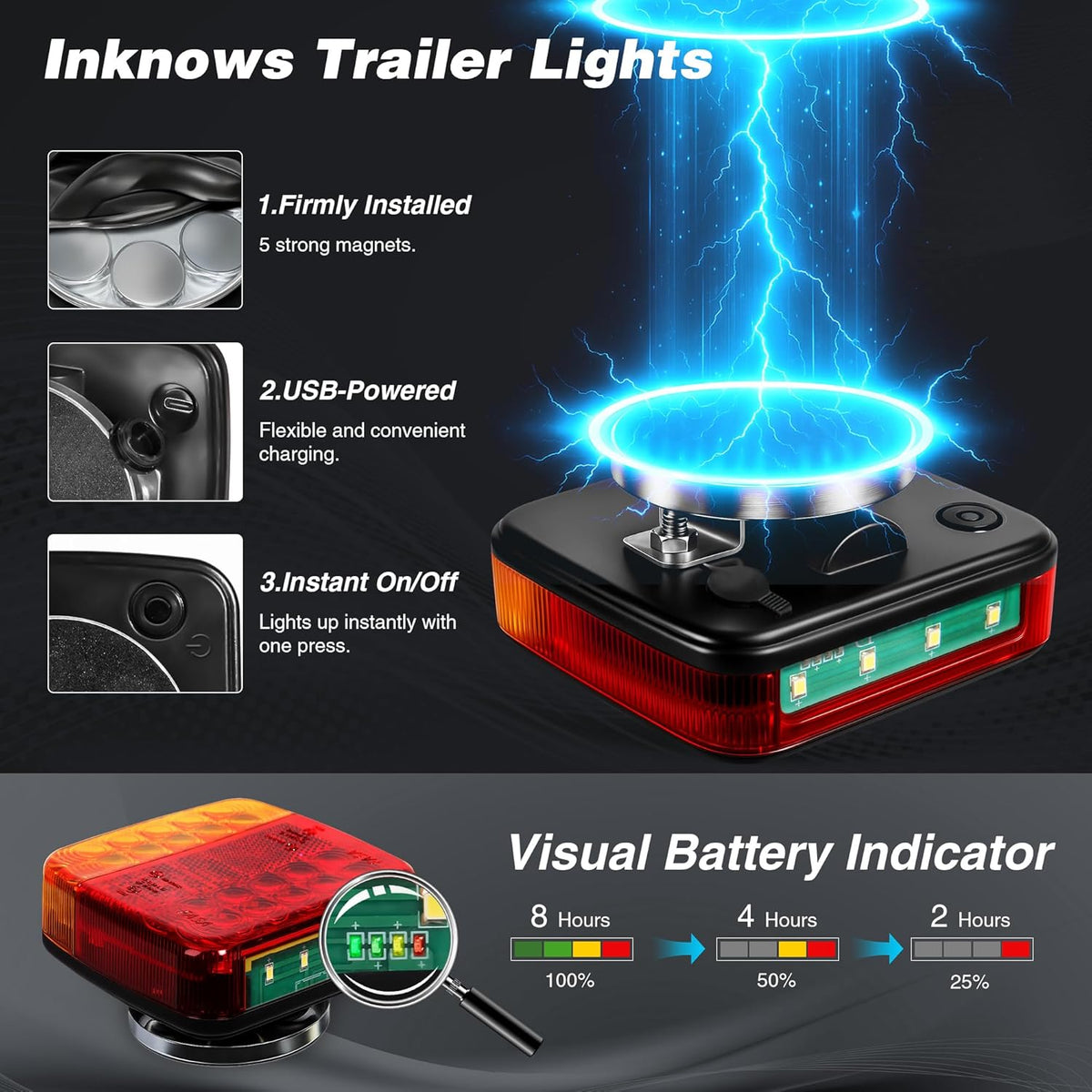 Wireless Magnetic Trailer Lights – Rechargeable LED Trailer Light Kit with Turn, Brake, Stop Lights, No Wiring Needed - Portable Wireless Lights for Truck, RV, Boat, Camper, Caravan, Utility Trailers