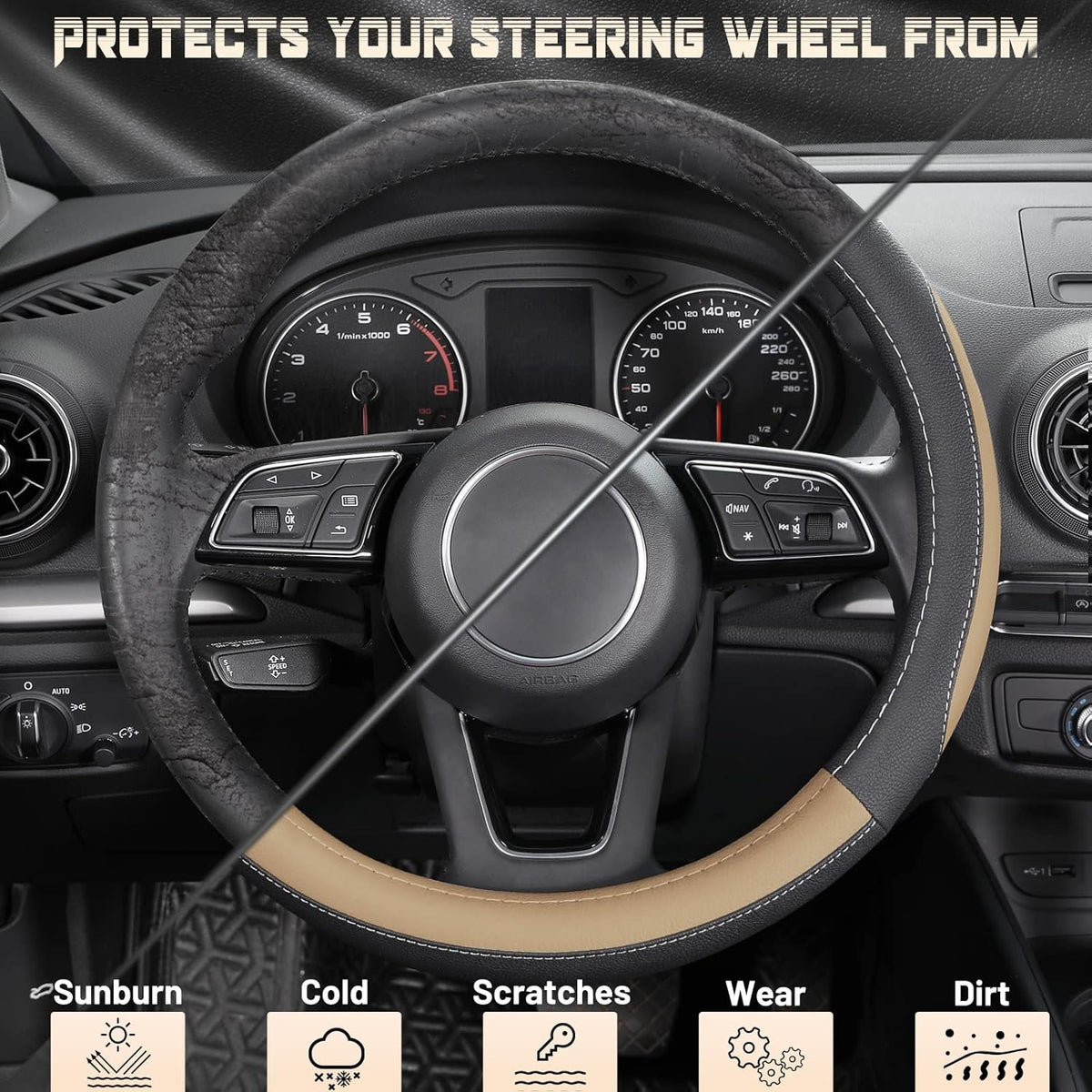 SEG Direct Car Steering Wheel Cover for Prius Civic Model 3 Model Y Camaro, Small Size 14-14.25 inch, Black and Beige Microfiber Leather