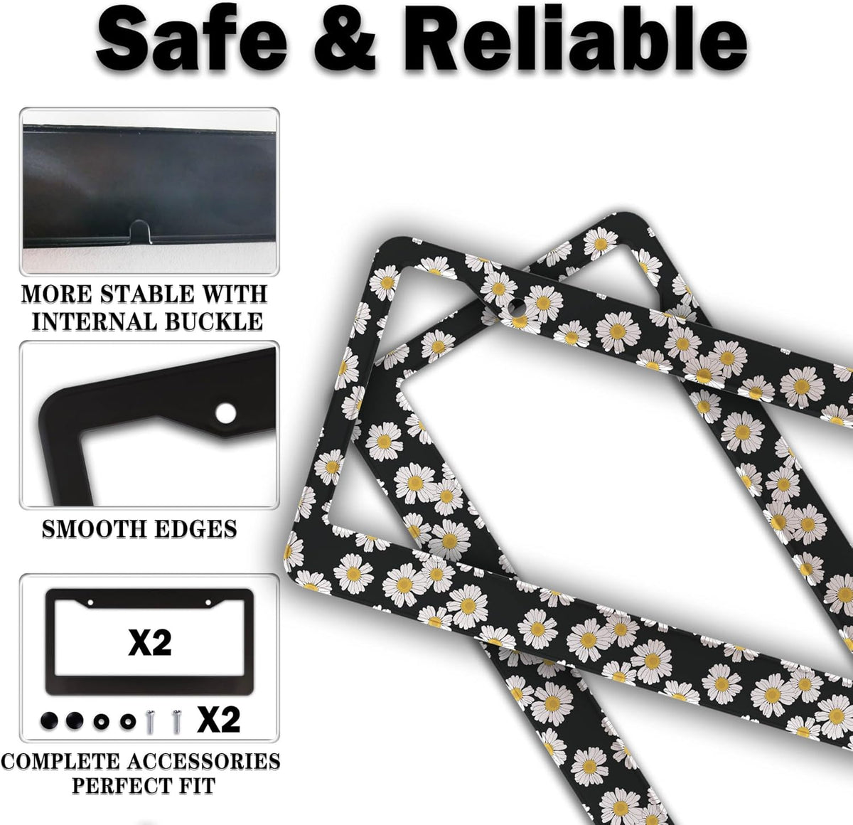 License Plate Protector Black and White License Plate Frames White Daisy Black Decorative Universal Aluminum Car Accessory 2 Pack with Screw Covers Set
