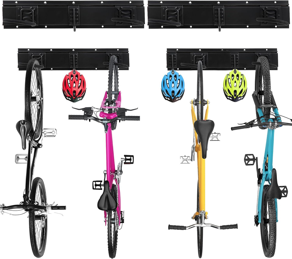 Sinoer Bike Storage Rack,Bike Storage Hanger, 4 Bikes + 3 Helmets Heavy Duty Bike Storage Vertical Bike Rack Holds up to 66lbs, 20 inches / 511mm -2 Rails