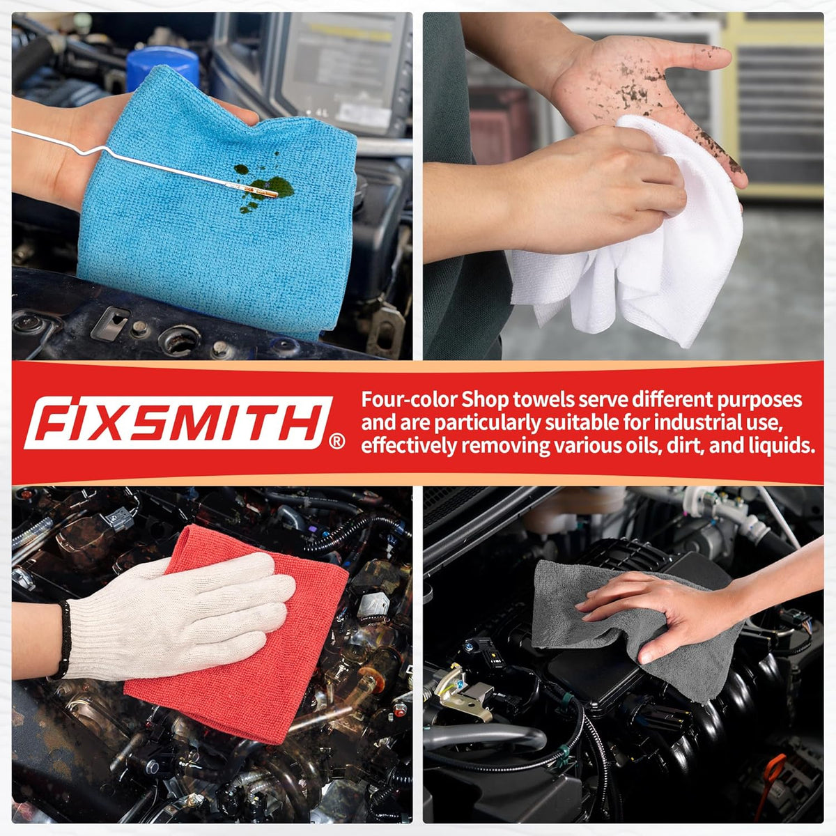 FIXSMITH Shop Towels, Microfiber Cleaning Cloth Bulk, 24 Pack Microfiber Towels for Cars, All-Purpose Absorbent Cleaning Rags, Dust Cloth for Automotive, Mechanic, Garage, Bar, 11.5 x 11.5 inch