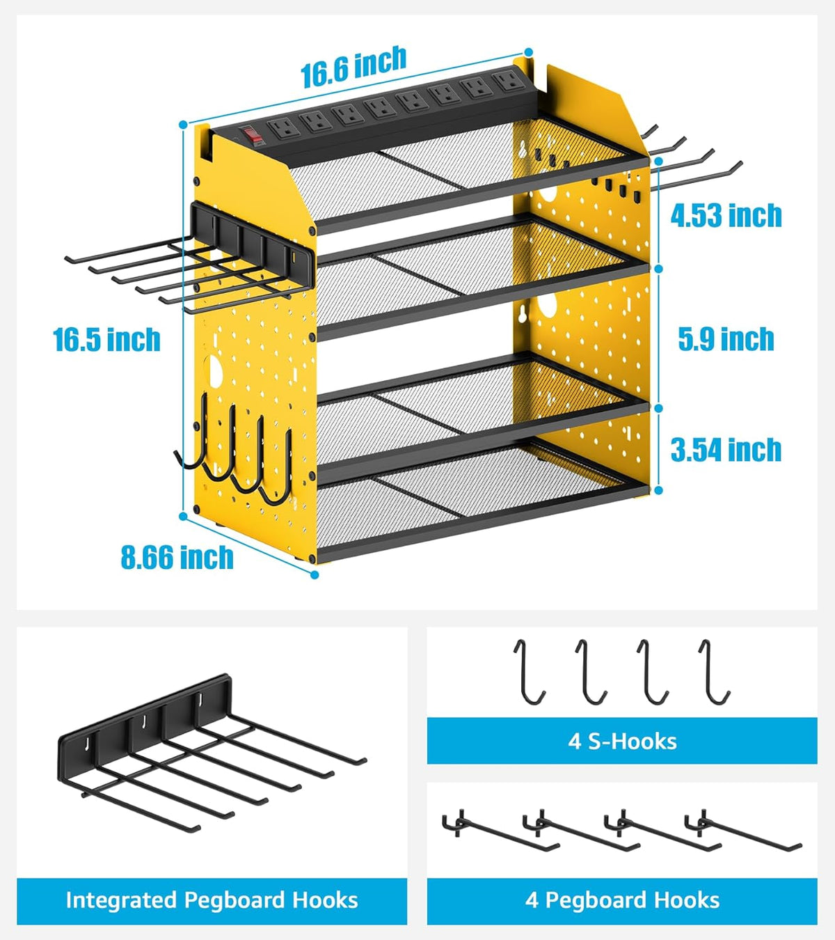 CCCEI Modular Desk Power Tools Organizer with Charging Station, 4 Layer Drills Battery Storage Wall Mount, Garage Shop Organization, Anniversary, Birthday, Gifts for Men, Father, Yellow, 10FT Cord.