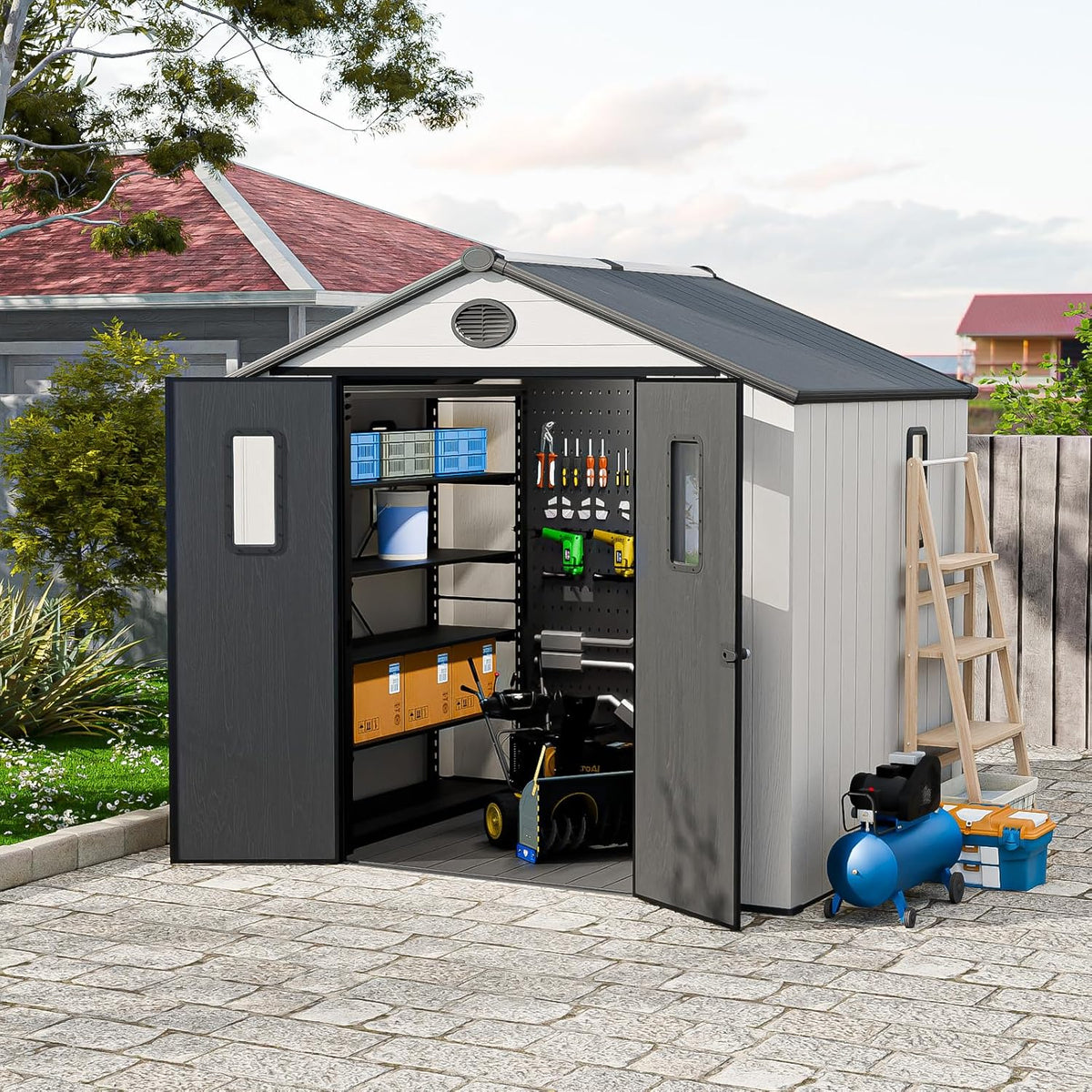 COOS BAY Resin Outdoor Storage Shed with Lockable Double Doors, Heavy-Duty Floor, All-Weather Garden Shed for Tools & Equipment, 8x6 ft, White/Gray