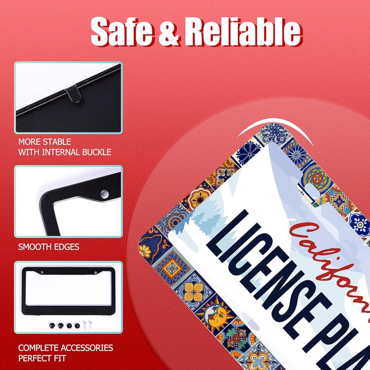 【2Pcs】 Mexican Tiles License Plate Frames Mandala Boho License Plate Frame Car Universal Stainless Steels Accessories Cars Decor with 2 Holes and Screws Fits Standard US Vehicles Size: 12.2 x 6 Inches