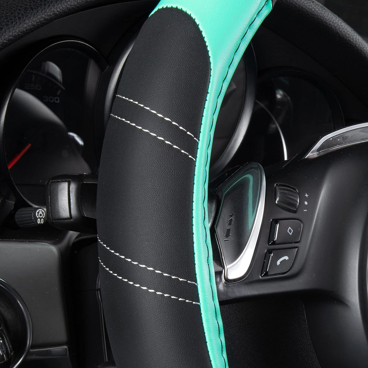 CAR PASS Line Rider Microfiber Leather Sporty Steering Wheel Cover Universal Fits for 95% Truck,SUV,Cars, 14.5-15 inch Anti-Slip Safety Comfortable Design (Black Mint Blue)
