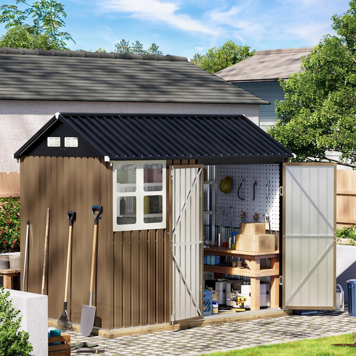 8X6FT Outdoor Steel Storage Shed with Lockable Doors, Frame Floor (No Wood/Other Boards),One Window,Ideal for Garden, Backyard, Patio Storage,Brown