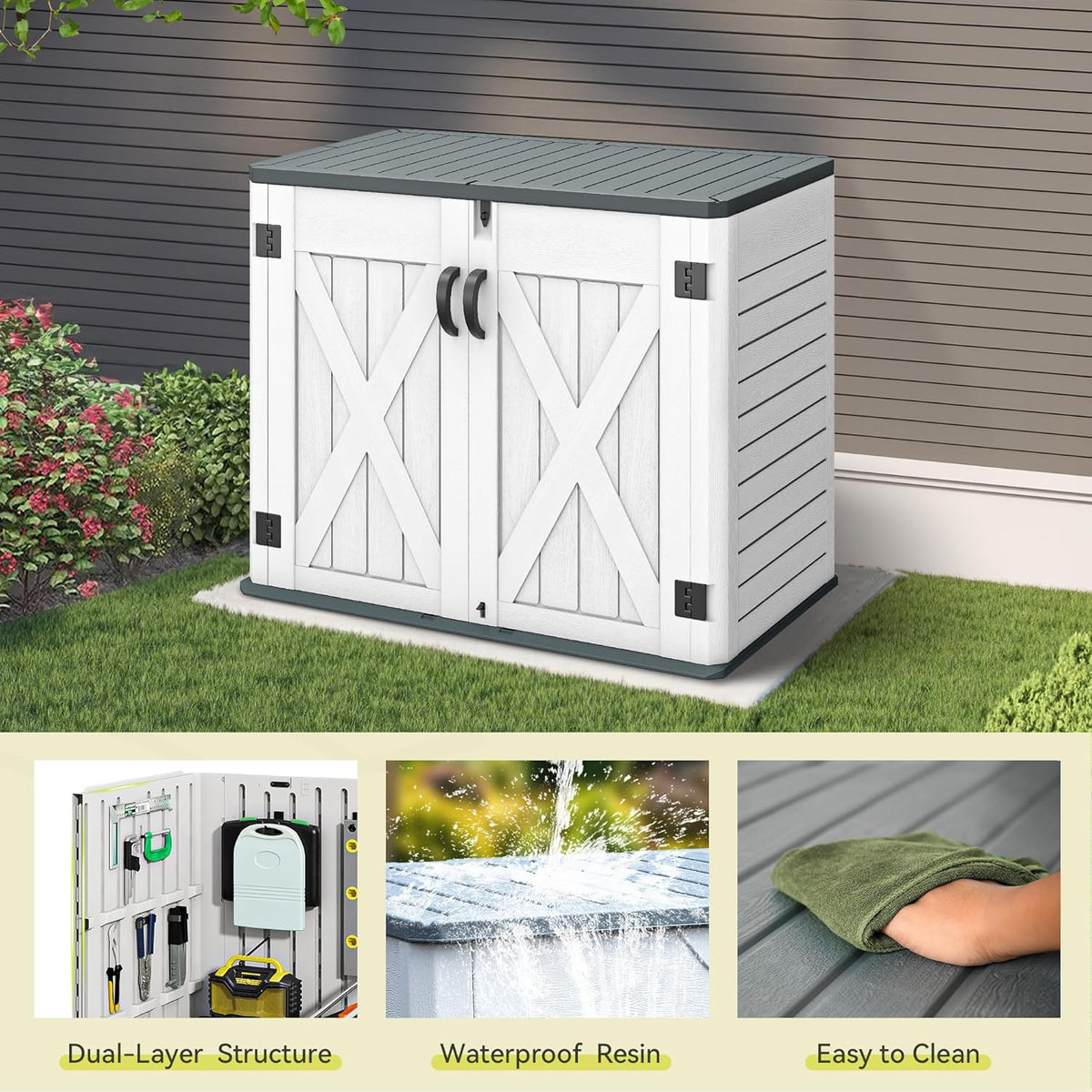 YITAHOME Outdoor Resin Storage Sheds with X-Shaped Lockable Door, 39 in Height Lockable Waterproof Horizontal Shed w/o Shelf, Easy to Assemble Shed Storage for Garden Tools, Light Gray
