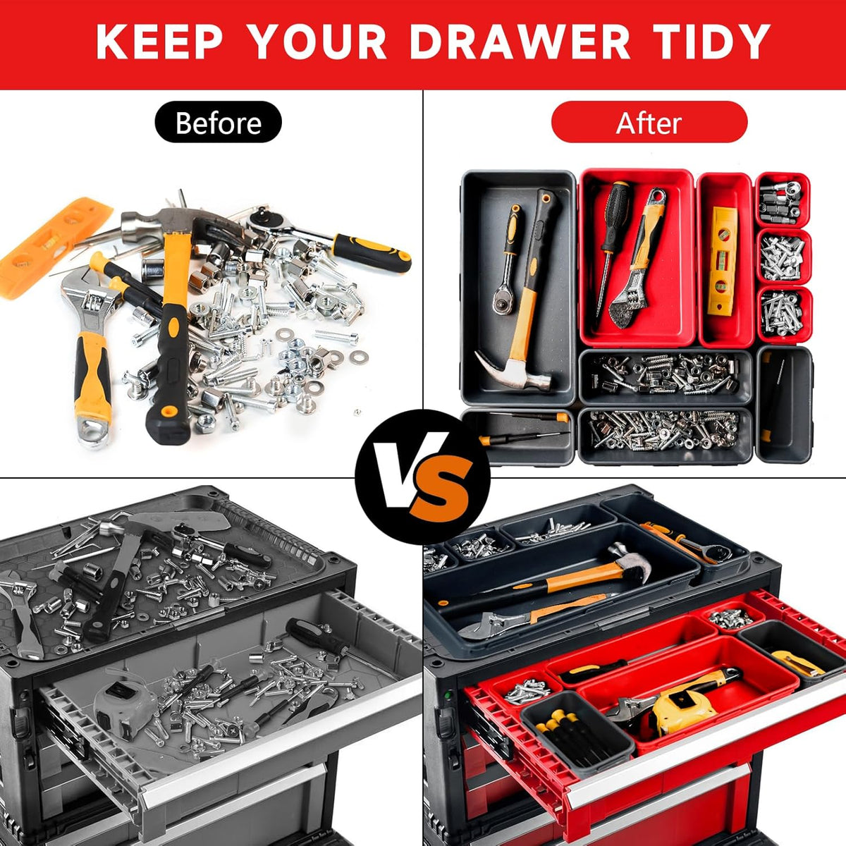 Tool Box Organizer Tray, Toolbox Desk Drawer Organizer, Tool Box Tray, Toolbox Organization Storage for Rolling Tool Chest (60PCS (Black+Red))