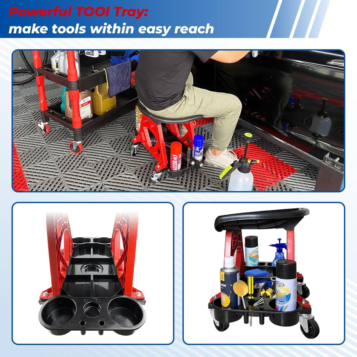 Durable Mechanic Seat with Wheels - Heavy Duty Rolling Stool Car Detailing Creeper Seat with Tool Tray for Workshop, Auto Repair Shop and Home