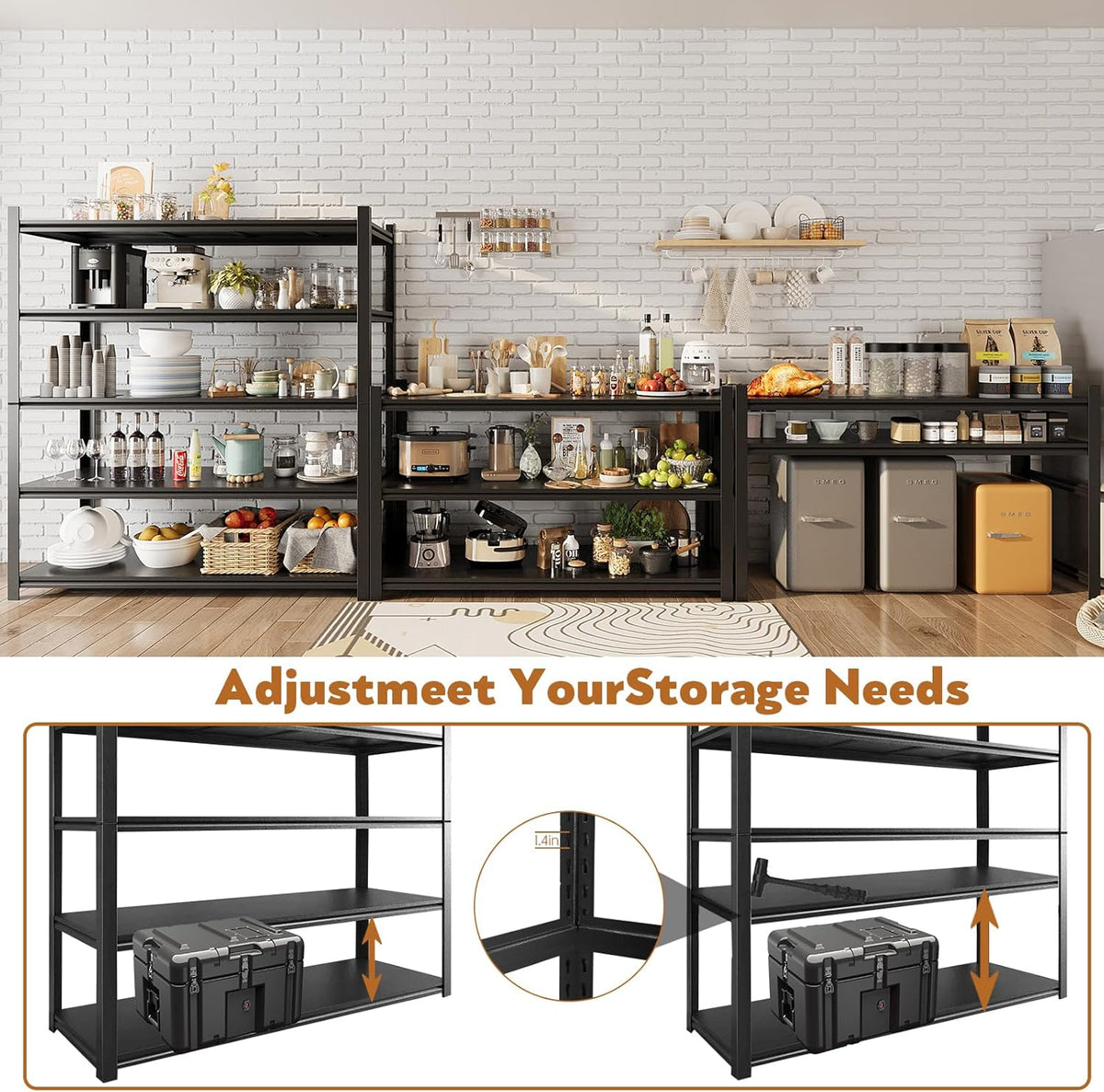48.2" W Garage Shelving 3000LBS Storage Shelves Heavy Duty Garage Storage Shelves Adjustable 5 Tier Metal Shelves for Storage Industrial Heavy Duty Shelving Utility Shelf 24.2"Dx48.2"Wx 72.2"H