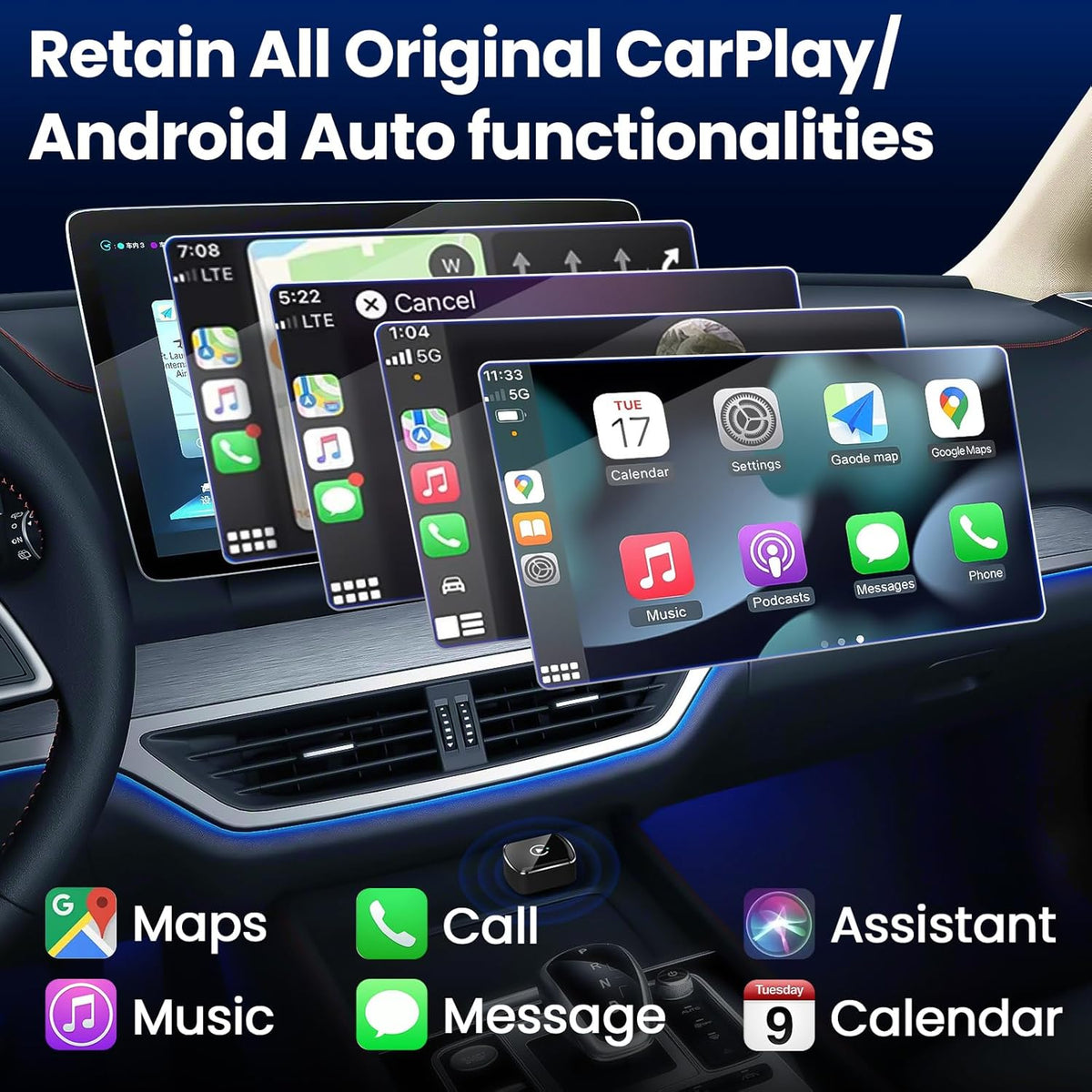 Wireless CarPlay Adapter & Android Auto, 2-in-1 CarPlay Adapter Convert Wired to Wireless, Mini Size with USB A & USB-C Extension Cable, Plug & Play, Stable Connection & No Delay