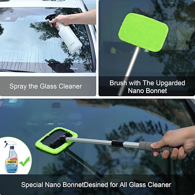 XINDELL Windshield Cleaning Tool for Car – 22inch Extendable Handle Window Cleaner with Reusable Microfiber Pads, Streak-Free Interior & Exterior Auto Glass Cleaner (Green)