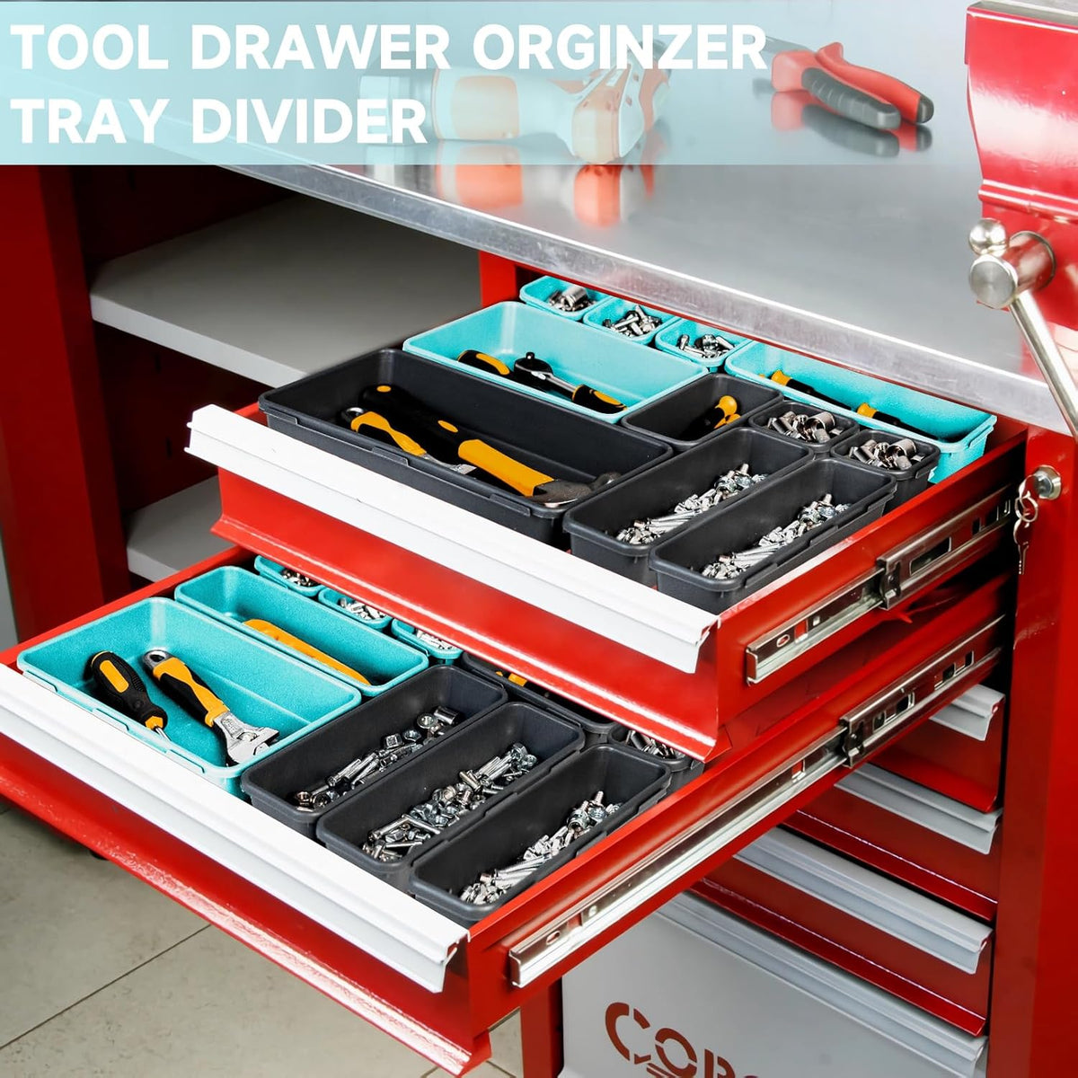 Tool Box Organizer Tray, Toolbox Desk Drawer Organizer, Tool Box Tray, Toolbox Organization Storage for Rolling Tool Chest (60PCS (Blue+Black))