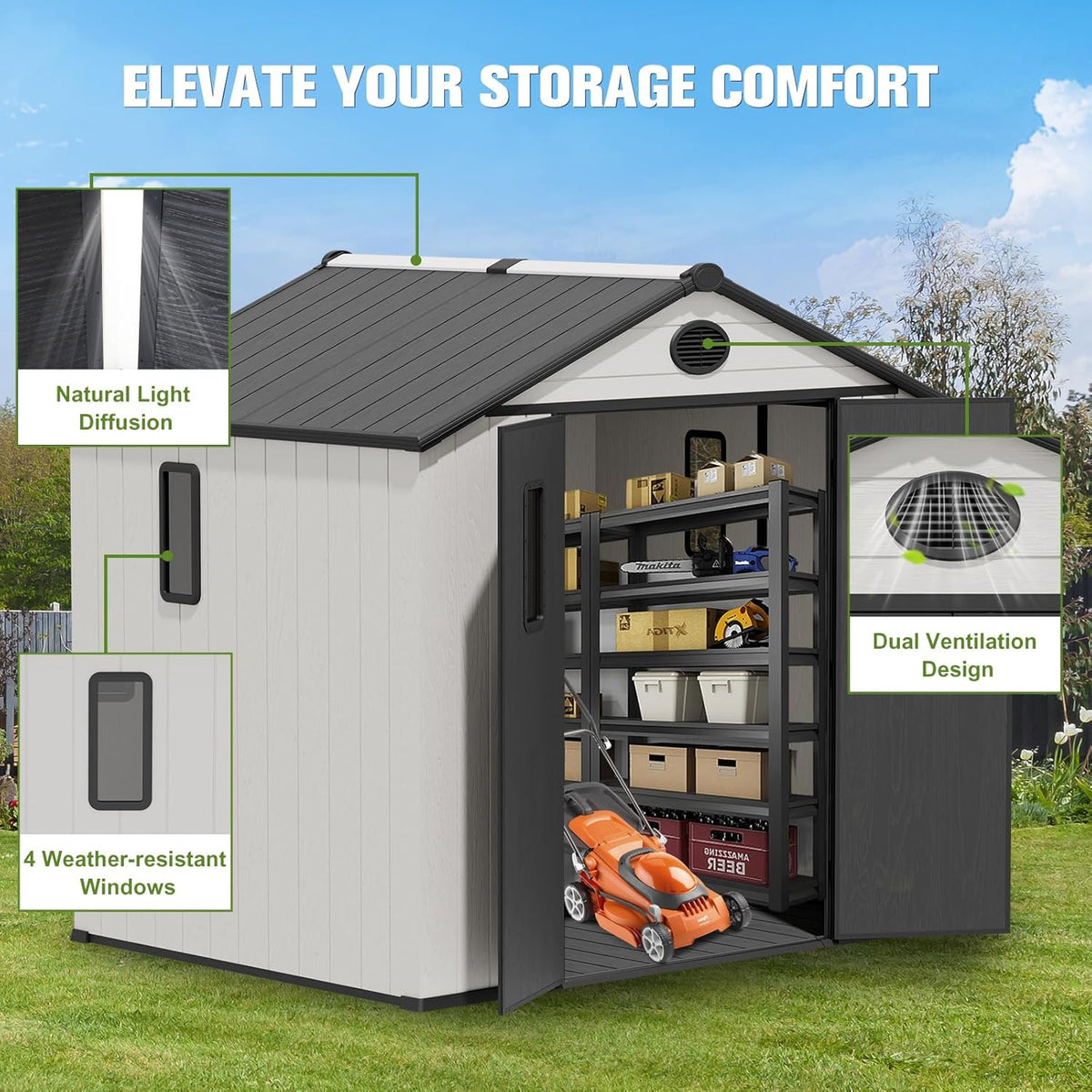 COOS BAY Resin Outdoor Storage Shed with Lockable Double Doors, Heavy-Duty Floor, All-Weather Garden Shed for Tools & Equipment, 8x6 ft, White/Gray