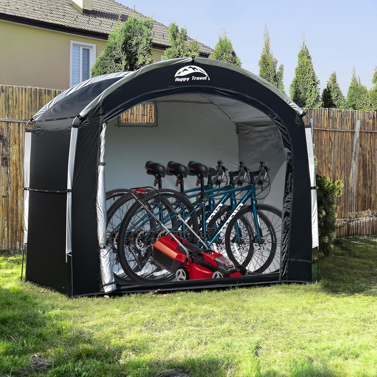 Happy Travel Bike Storage Tent Shed, Outdoor Waterproof Bicycle Covers Shelter with Window for 2/4/6/8 Bikes,Oversized Outside Portable Sheds for Lawn Mower,Garden Tools (Black)