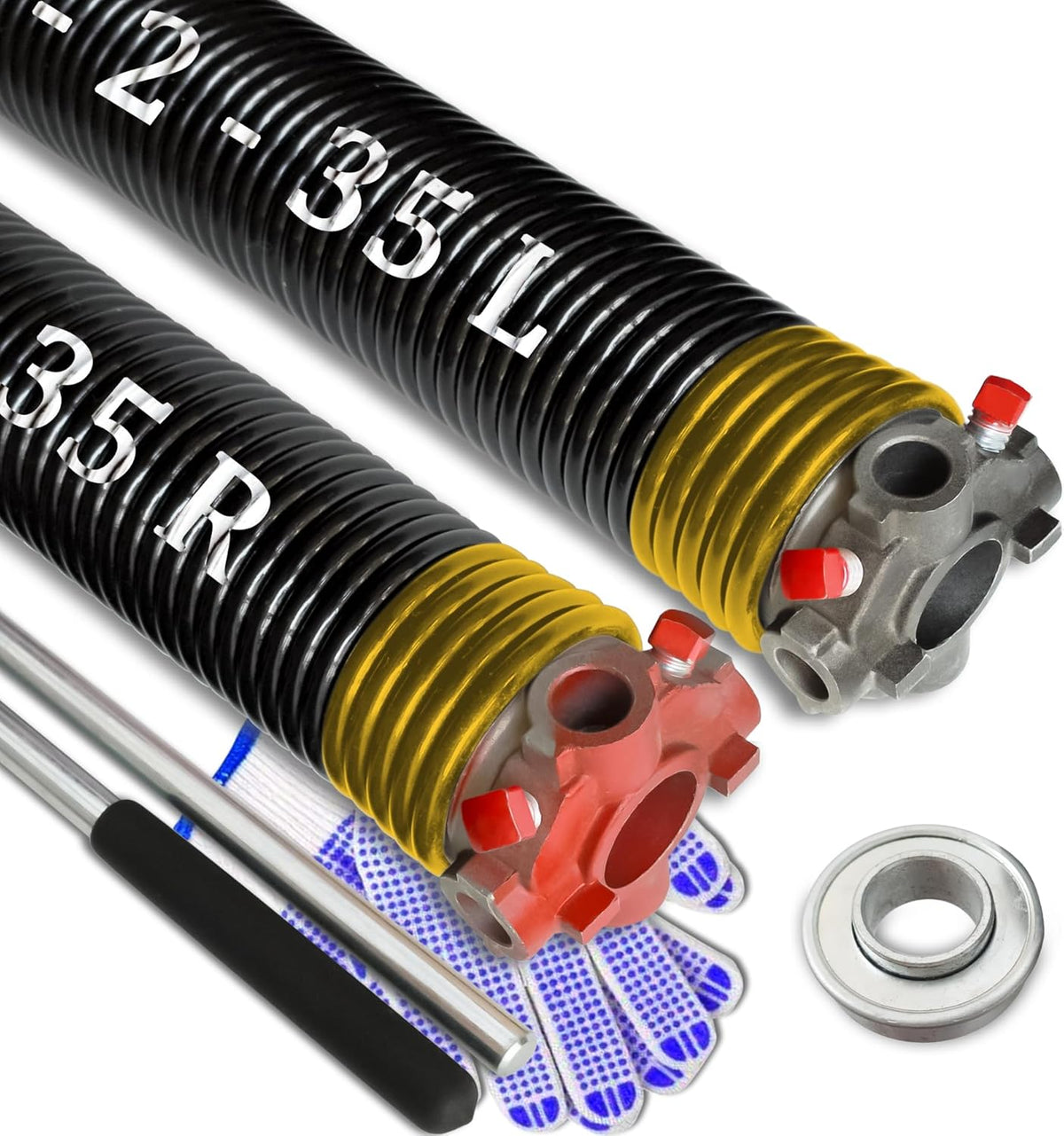 Garage Door Torsion Spring Set, Pair of 2" Electrophoresis Coated Garage Door Spring Replacement with 2 Non-Slip Winding Bars and Bearing, Minimum 16000 Cycles (.250x2x35")