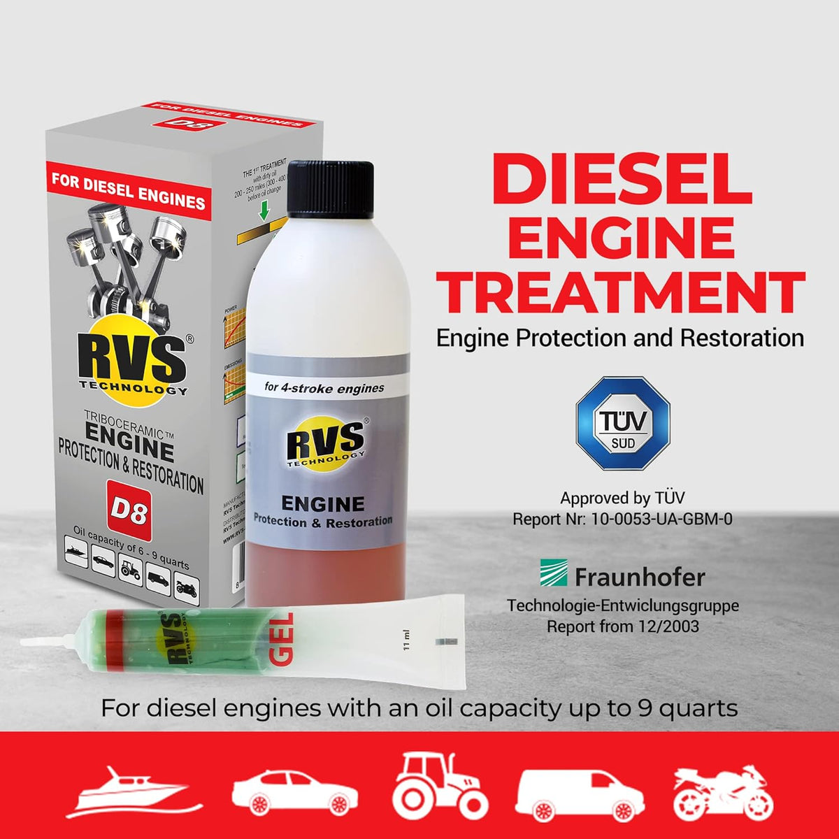 D8 engine oil treatment, For Diesel engines with a motor oil capacity up to 9 quarts; Safely Restore and protect your Car, Truck, Motorcycle and all other engines
