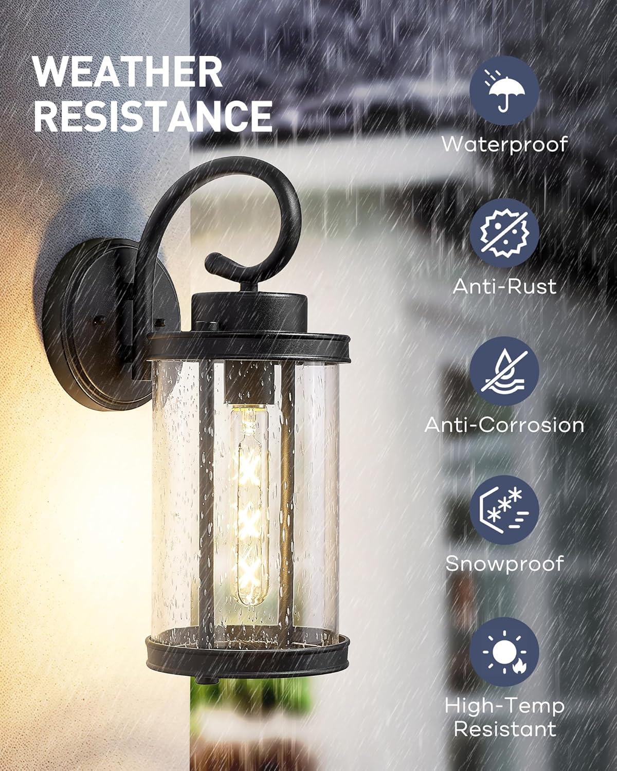 kudos Porch Lights Outdoor, 15.8 inch Large Cylinder Wall Light, E26 Sockets, Anti-Rust Waterproof Light Fixtures Wall Mount for Patio, Black with Seeded Glass, KDOWL01-BK-L