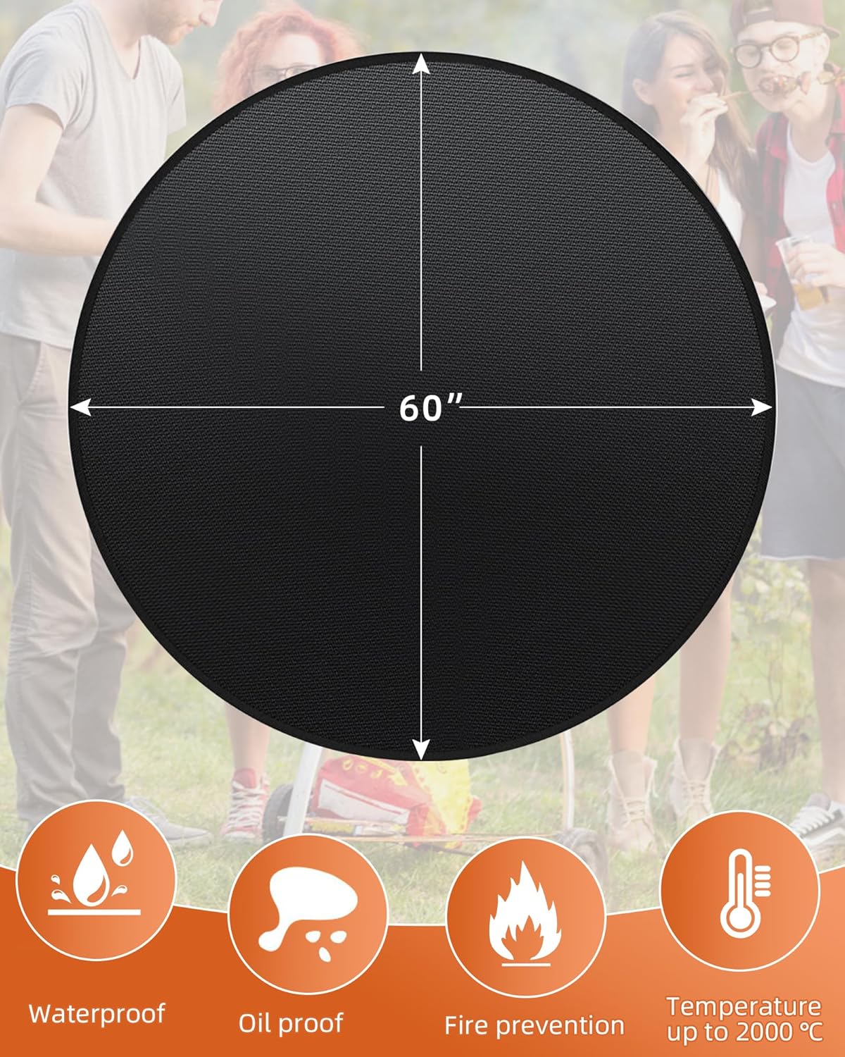 Round BBQ Grill Mat, 60 inches Double-Sided Fireproof Pad Waterproof Deck Protector for Indoor Outdoor Grilling