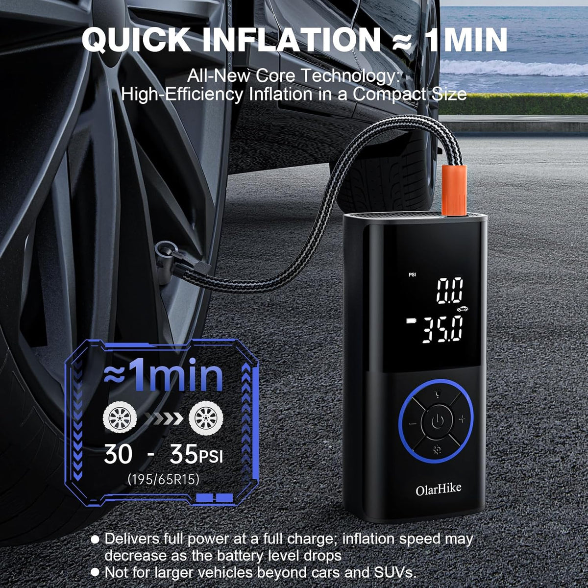OlarHike Tire Inflator Portable Air Compressor, Long Range Battery-Powered, 160PSI Auto Air Pump for Car Tires, Bike,Bicycle, Motorcycles,Electric Pump with LED Light & Digital Pressure Gauge