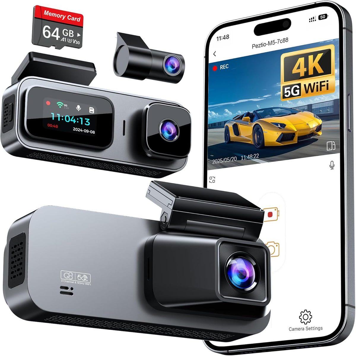 3 Channel 4K Dash Cam Front and Rear Inside, Built-in 5G WiFi, 4K+1080P+1080P Dash Camera for Cars with 64GB Card, Dashcam with Loop Recording, G-Sensor, 24H Parking Monitor, Silver