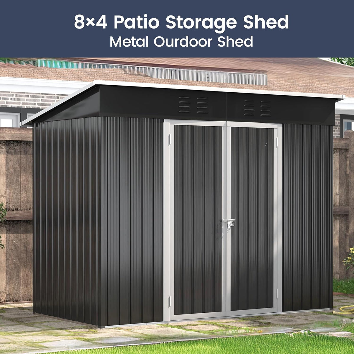 UDPATIO Outdoor Storage Shed 8x4 FT, Outside Sheds & Outdoor Storage Metal Galvanized Steel Yard, Patio, Lawn, Tool Shed with Lockable Door for Can, Bike, Lawnmower,Dark Grey