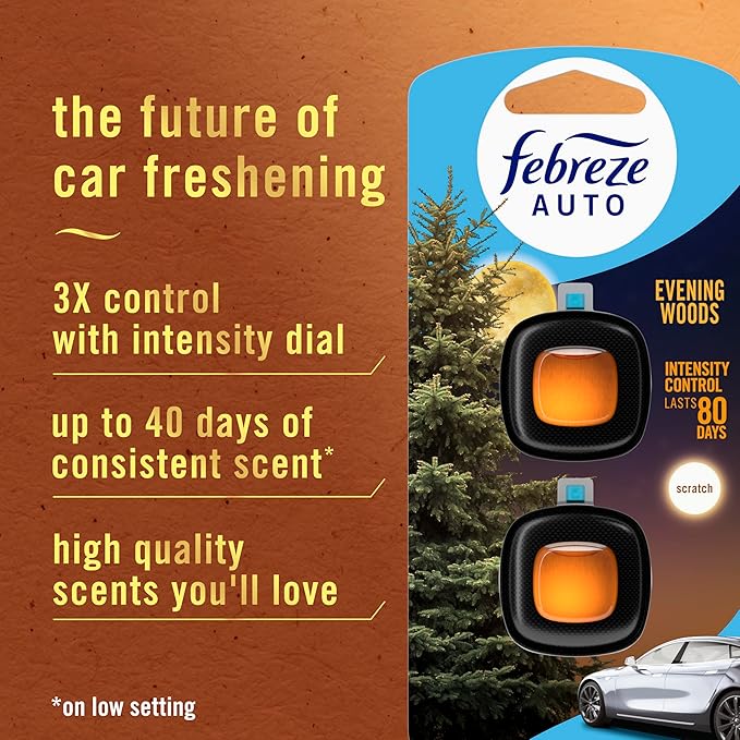 Febreze AUTO Air Freshener, Odor-Fighting Automotive Vent Clip, Evening Woods Scent, 8 Count