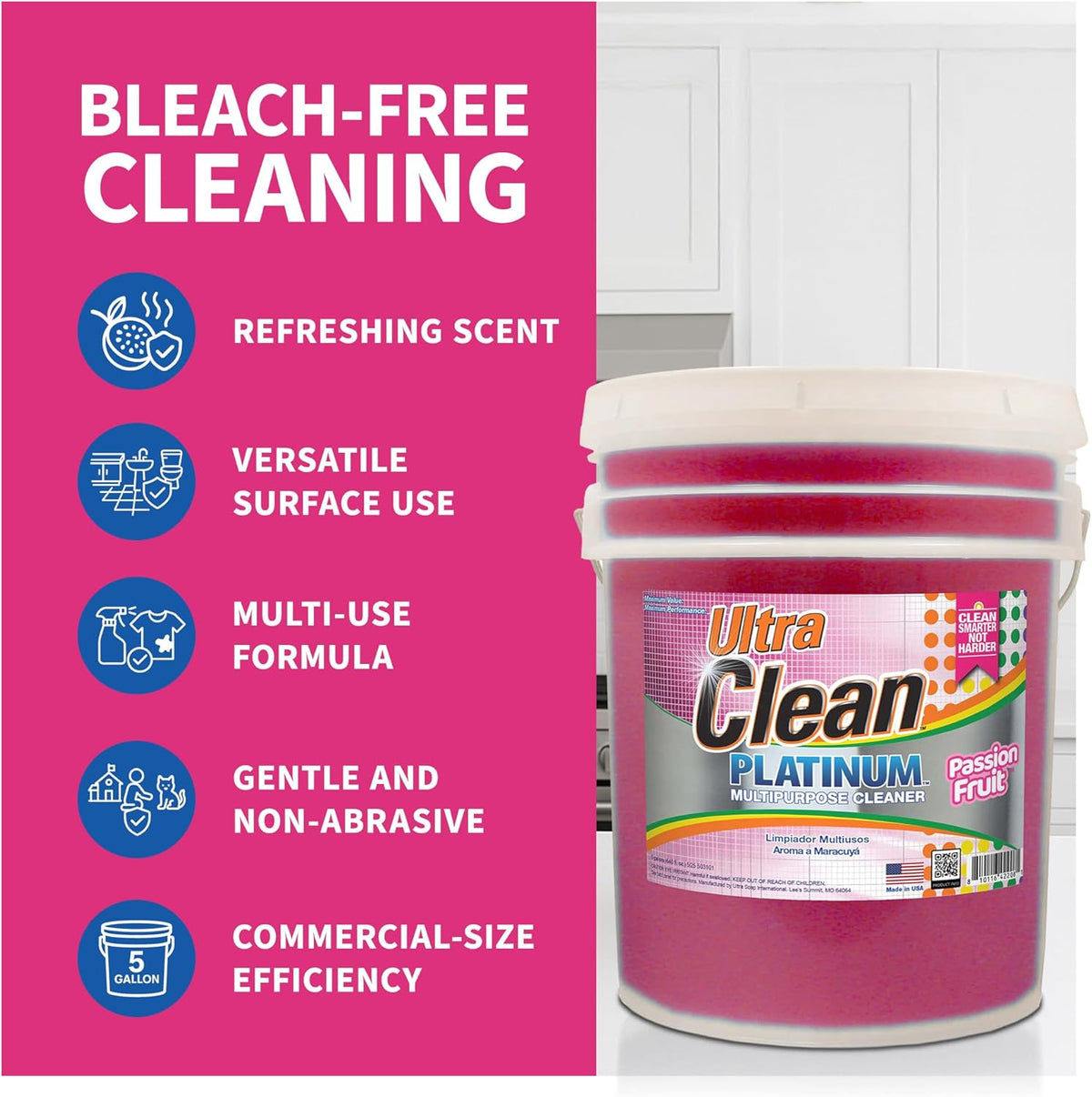 Ultra Clean Platinum Multipurpose Cleaner, Non-Abrasive and Bleach-Free, for Kitchen Counters, Bathroom Floors and Garage Spaces, Passion Fruit, 5 Gal