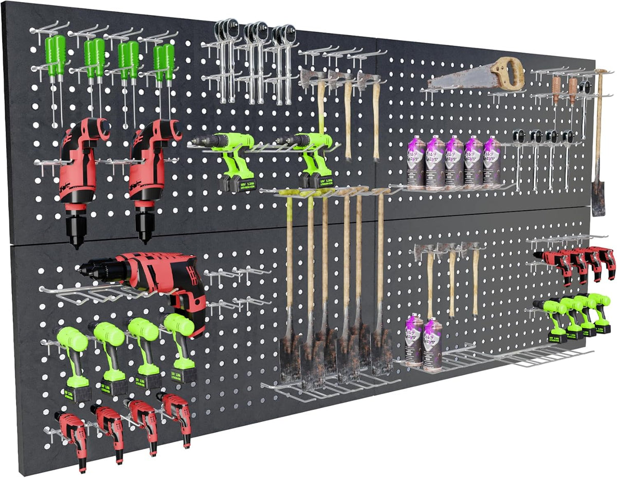 4 Pack Metal Pegboard Panels 24" x 12" Black Heavy Duty Steel Pegboard Wall Organizer, Garage Utility Tools Pegboard Storage System for Workbench, Shop, Shed Modular Peg Board Organizer Board Kit