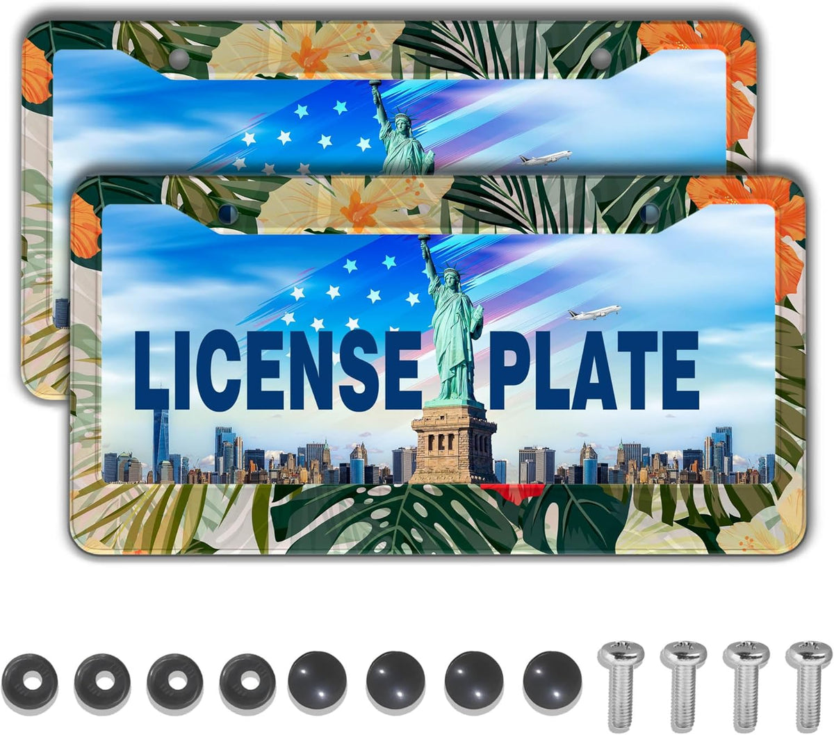 Car Plate Frames Multicolor License Plate Protector Hawaiian Retro Tropical Palm Leaves Universal Aluminum Car Accessory 2 Pack with Screw Covers Set