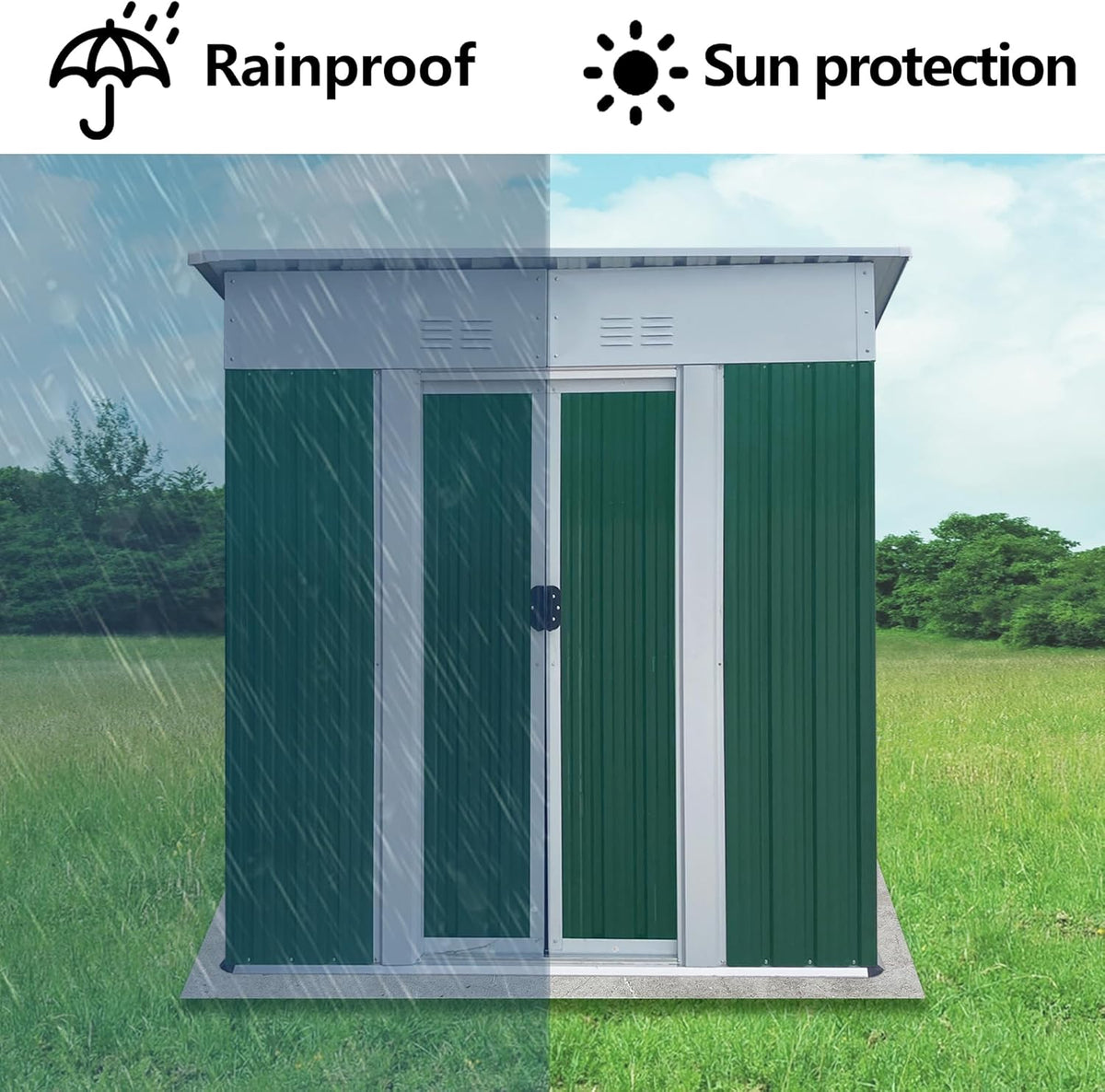 5x3 FT Outdoor Storage Shed with Sloping Roof, Waterproof Metal Garden Sheds w/Lockable Sliding Doors and Vents, Weather Resistant Tool Storage House for Backyard, Patio, Lawn, Green