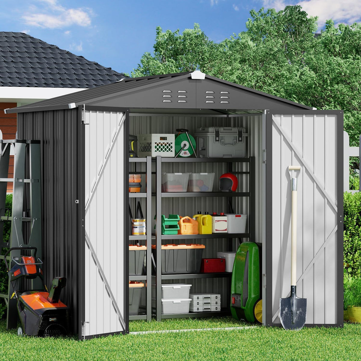 Gizoon Outdoor Storage Shed 6 x 4 FT, Galvanized Metal Garden Shed with Double Lockable Doors, Outdoor Storage Clearance for Backyard Patio Lawn-Dark Grey