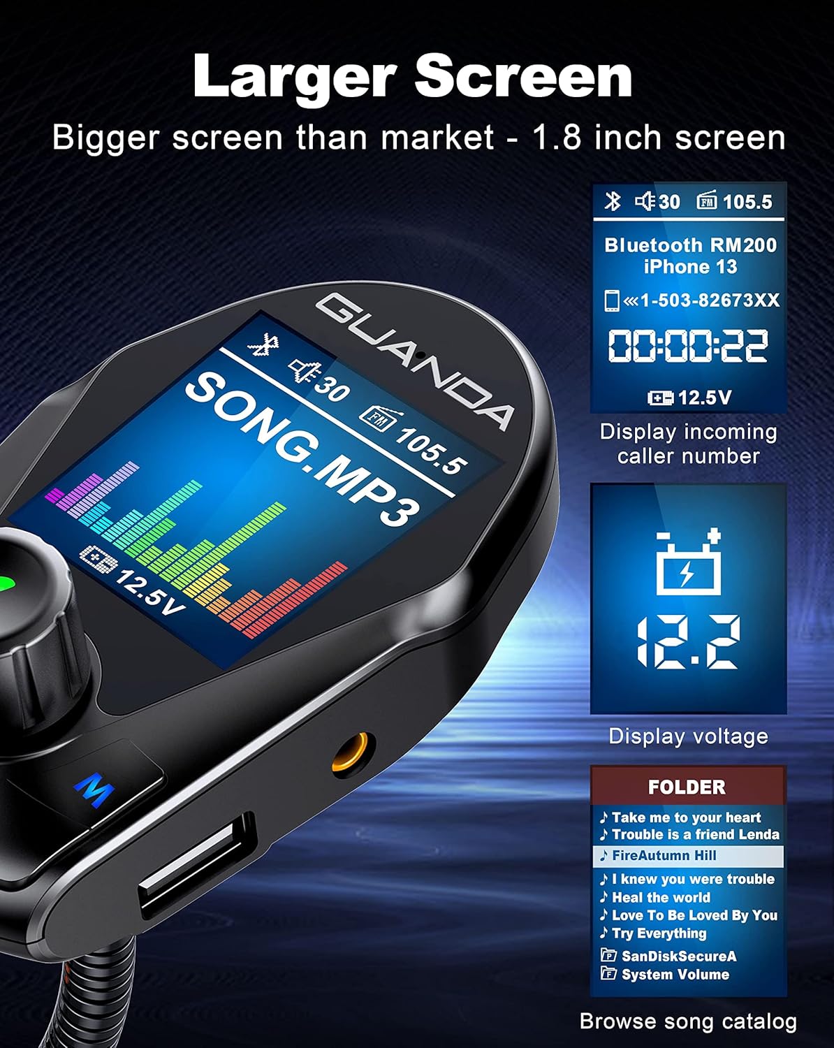 Bluetooth FM Transmitter (Upgraded Version) in-Car Wireless Radio Adapter Kit W 1.8" Color Display Hands-Free Call Fast Charging 18W and Smart 2.4A Dual USB Ports, TF Card MP3 Player