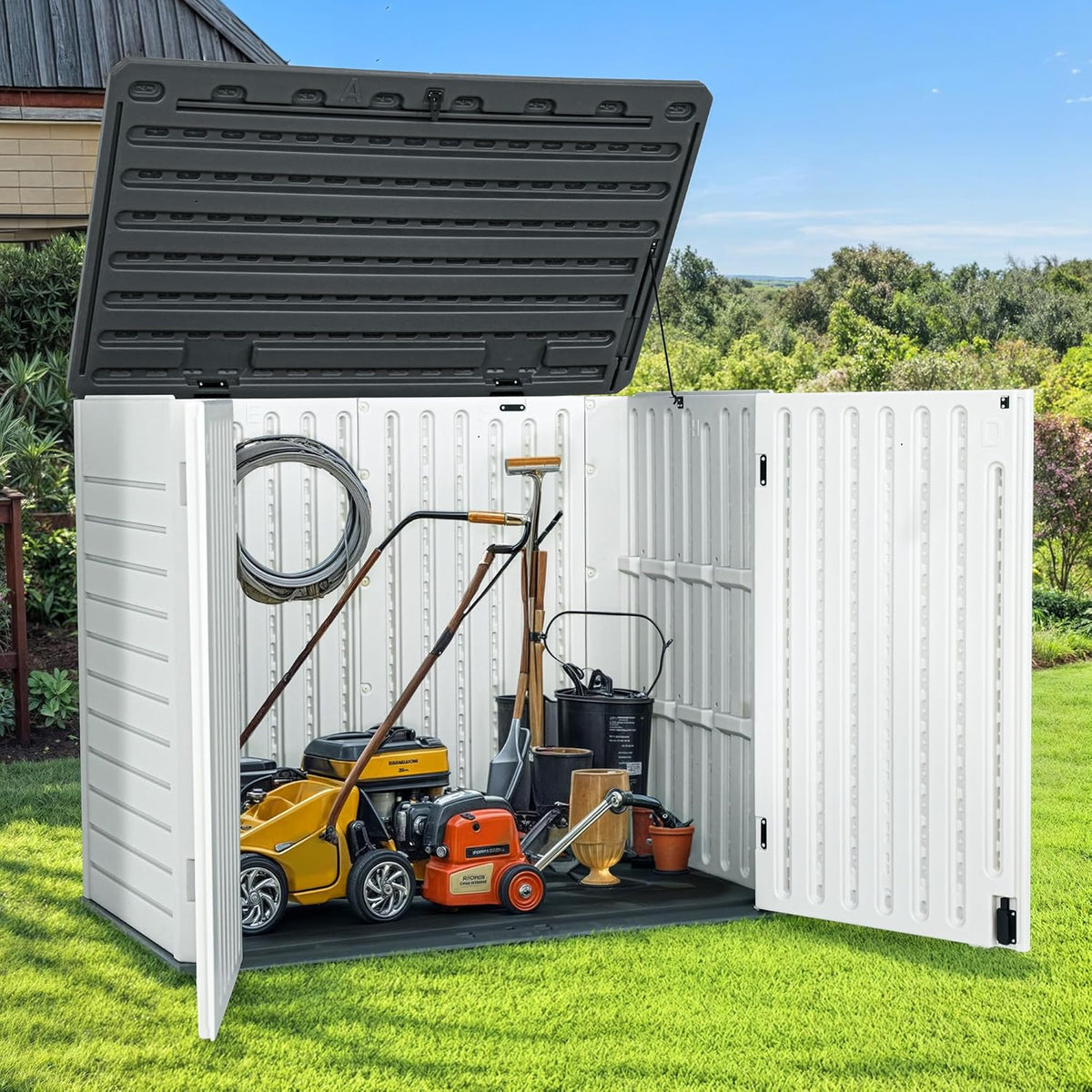 GOOBED Horizontal Shed with Padlock Latch, Outdoor Storage Shed for Backyard and Garden, 35 Cu Ft Small Storage, Waterproof, Easy Assembly, Light Gray