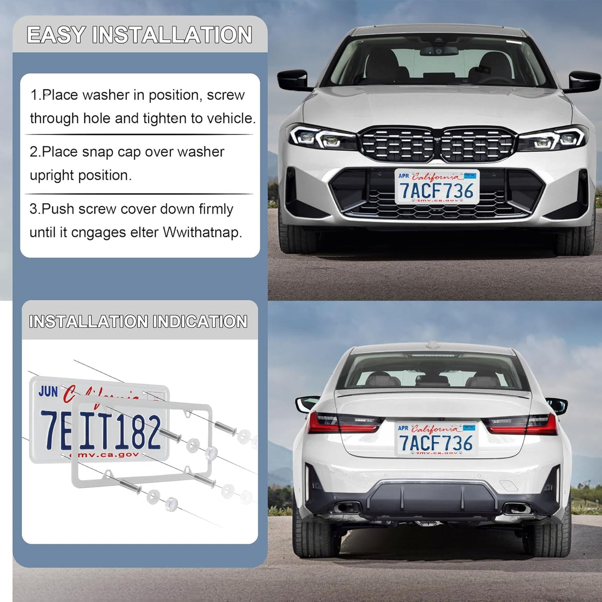 LivTee 4 Holes Stainless Steel License Plate Frames, 2 PCS Car Licence Plate Covers, Automotive Exterior Accessories Slim Design with Bolts Washer Caps for US Vehicles, White