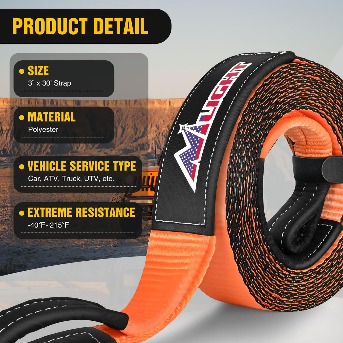 Nilight 3" x 30' Recovery Tow Strap Lab Tested 31,500lbs Break Strength Heavy Duty Off Road Straps with Triple Reinforced Loop Emergency Towing Rope of Mind for SUV, UTV, ATV, Truck, 2 Years Warranty