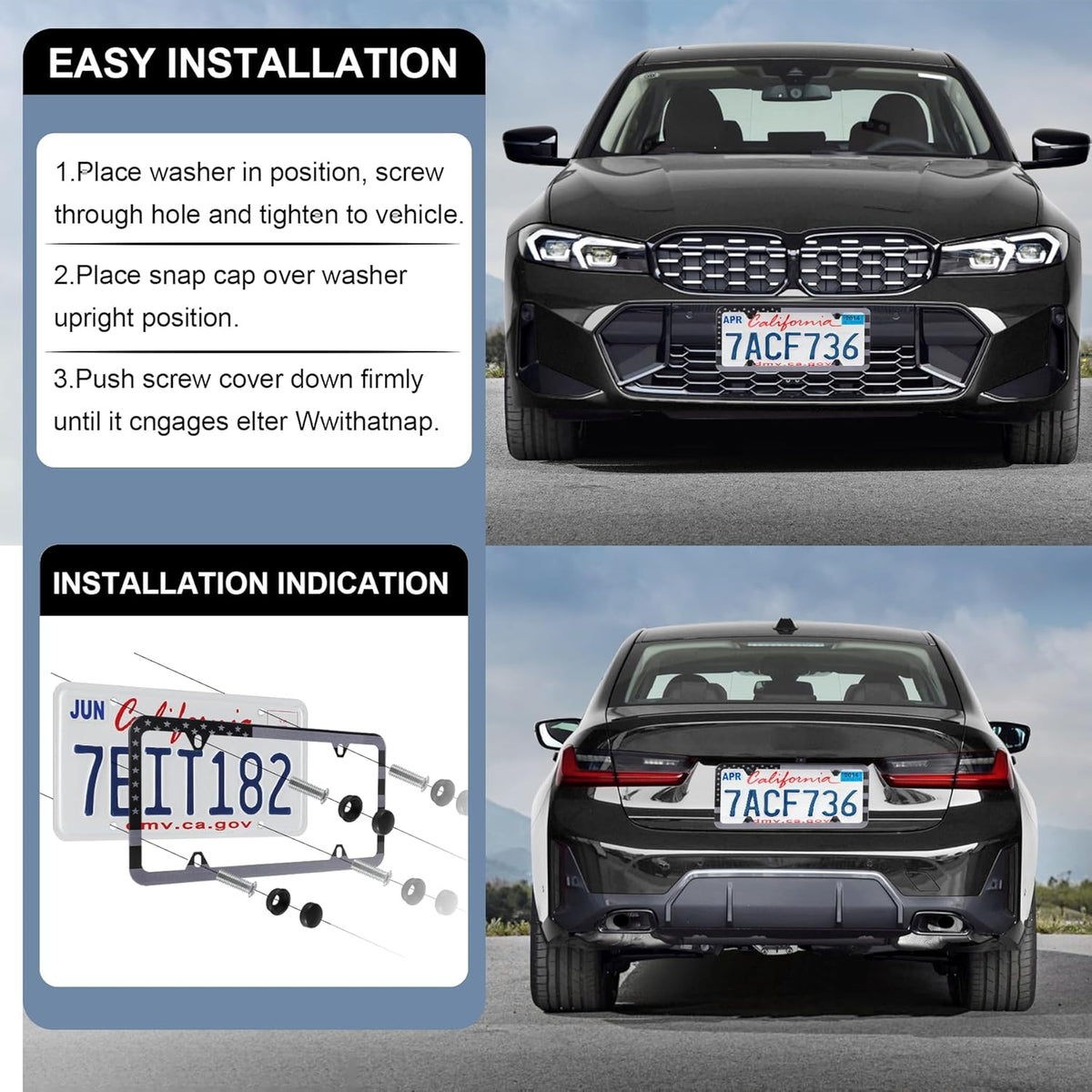 LivTee American Flag License Plate Frames, 4 Holes Stainless Steel License Plate Covers, 2PCS Car License Plate Holder, Automotive Exterior Accessories, Black-Gray
